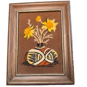 Vintage Floral Indian Vase Needlepoint Embroidery 8"x6" Thick Wood Framed